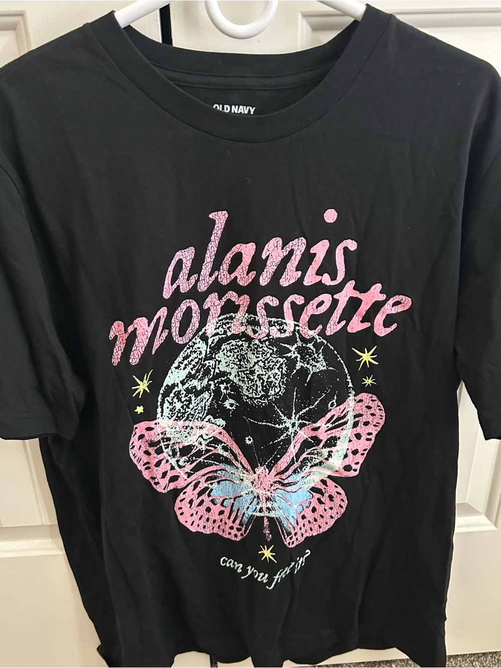 Old Navy Black Graphic Tee with Pink & Light Blue Print